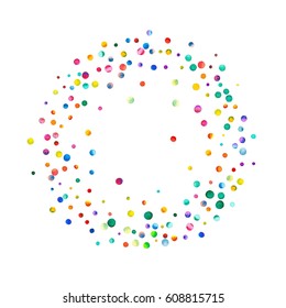 Dense Watercolor Confetti On White Background. Rainbow Colored Watercolor Confetti Circle Frame. Colorful Hand Painted Illustration.