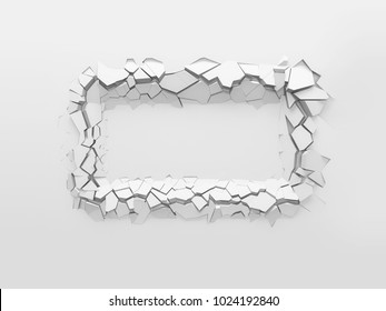 Dent On The White Wall In The Form Of A Rectangular Empty Frame. 3d Illustration.