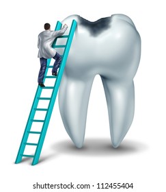 Dental Care Health And Medical Symbol With A Dentist Or Doctor In Uniform On A Ladder To Diagnose  Symptoms And Perform An Emergency  Surgery On A Tooth With A Cavity On A White Background.