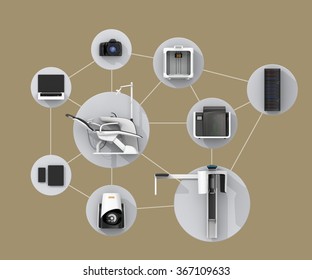 Dental Chair, CT, Camera, Scanner, Milling, 3D Printer And CAD/CAM Equipment. Concept For Digital Dentistry.