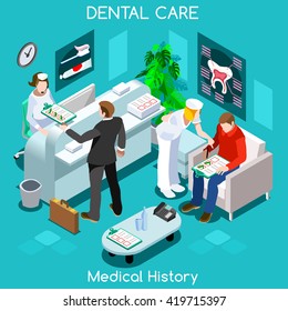 Dental Clinic Dentist Patient Medical History Waiting Room Before Medical Dental Visit. Dental Care Concept Clinic Room. Hospital Clinic Reception Patients Waiting Medical Consult Illustration.