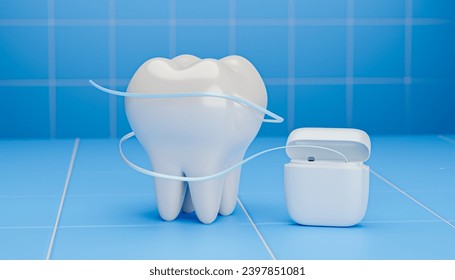 Dental floss around the tooth. 3d render.