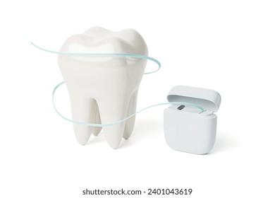 Dental floss around the tooth. 3d render. isolated on white.