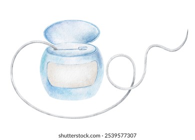 Dental floss. Teeth floss in blue case for oral hygiene and dental care. Isolated hand drawn watercolor kids illustration. Product for daily oral care. Clipart for Dental Clinic, pediatric dentistry - Powered by Shutterstock