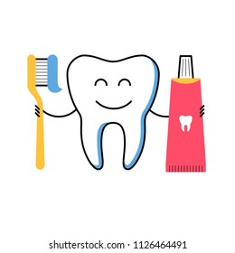 Dental healthcare icon with smiling tooth character holding toothbrush and toothpaste. Clean teeth concept. Modern dental clinic services. Stomatology check up, hygiene and treatment. - Powered by Shutterstock