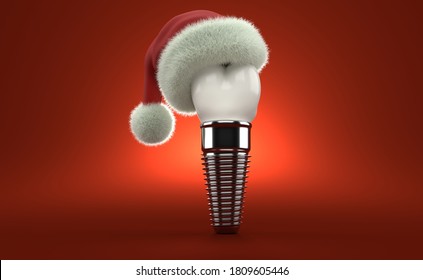 Dental Implant With Santa Hat On Red Background. 3d Illustration