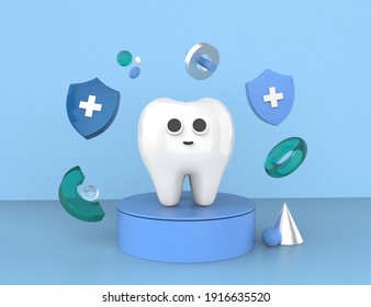 Dental Insurance And Healthcare 3D-rendering Design. Happy Cute Tooth Character On The Podium With Abstract Forms Around. Illustration For Web Page, Banner, Poster, Template, Layout.