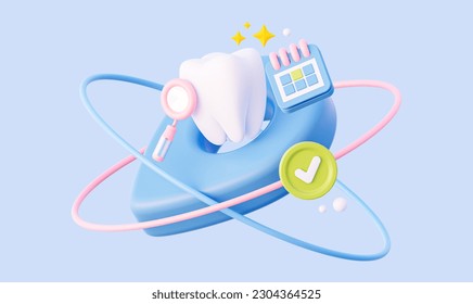 Dental Prevention and Care. Scheduling a visit to the dentist. A tooth with a calendar and a magnifying glass. 3d renderings - Powered by Shutterstock