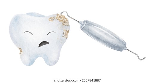 Dental probe and carious tooth Sad Kawaii Character. Caries treatment, tooth decay, dentist examining. Isolated hand drawn watercolor kids illustration for pediatric dentistry clinic, dentist's office - Powered by Shutterstock