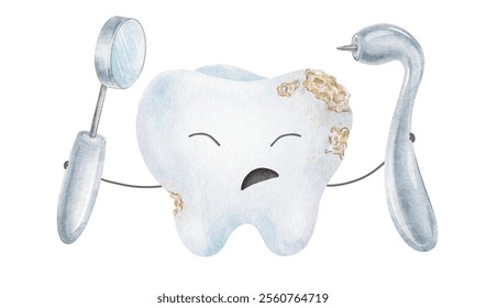 Dental tools probe and mirror, carious tooth Sad Kawaii Character. Caries treatment, tooth decay, dentist examining. Isolated hand drawn watercolor kids illustration for pediatric dentistry clinic - Powered by Shutterstock