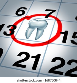 Dentist appointment and dental check up health care concept as a month calendar with a tooth circled and highlighted as a reminder metaphor for a dentist clinic visit time for scheduled oral care. - Powered by Shutterstock