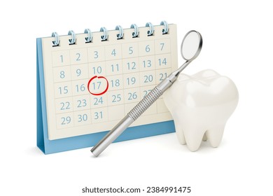 Dentist appointment reminder calendar. Tooth with a dental mirror near the calendar. 3d render. - Powered by Shutterstock