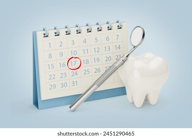 Dentist appointment reminder calendar. Tooth with a dental mirror near the calendar. 3d render. - Powered by Shutterstock