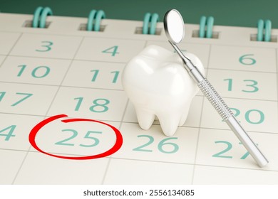 Dentist appointment reminder calendar. Tooth with a dental mirror near the calendar. 3d render. - Powered by Shutterstock