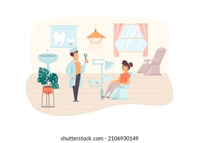 Dentist examines female patient scene. Woman visiting dental clinic for check up or treatment procedure. Medical center, healthcare concept. Illustration of people characters in flat design - Powered by Shutterstock