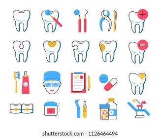 Dentistry icons set trendy linear style. Dental clinic services, stomatology and orthodontics symbols. Teeth treatment and restoration. Dentist tools, healthy and broken tooth, medicines, dental floss - Powered by Shutterstock