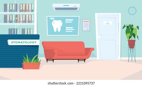 Dentistry Waiting Room Interior, Banner In Flat Cartoon Design. Lobby With Reception Desk, Sofa For Patients, Door To Dentist Office. Stomatology Treatment. Illustration Of Web Background