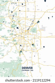 Denver - Colorado map. Denver - Colorado road map. Illustration of Denver - Colorado streets. Denver - Colorado transportation network. Printable poster format (portrait).