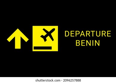 Departure Benin  on airplane. Concept of air flight in  Porto Novo, Cotonou , capital Benin . Departure to Benin  travel.  Aeroport board. Yellow logo on a black background.