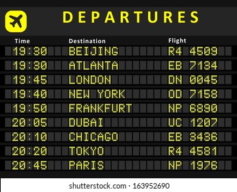 Departure Board - Destination Airports. Busiest Airports In The World: Beijing, Atlanta, London, New York, Frankfurt, Dubai, Chicago, Tokyo And Paris.
