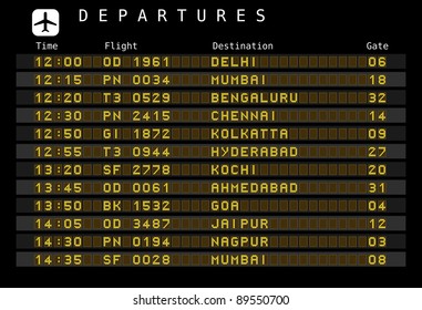 Departure Board - Destination Airports. India Destinations: Delhi, Mumbai, Bengaluru, Chennai, Koltatta And Other Cities.