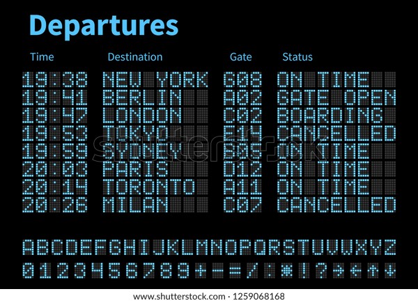 空港のデジタルボードテンプレートの発着便 Ledの文字と数字を持つ航空機のスコアボード のイラスト素材