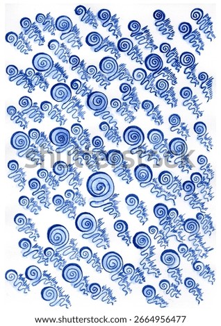 Depicted is a rhythmic pattern of many blue spirals and wavy lines, made with watercolor and ink. The figures are arranged in diagonal rows, creating dynamics and a sense of flow.