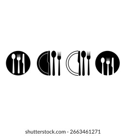 depicting two formal table settings. One features a plate, fork, and knife. The other has a plate, knife, and spoon, all in black on white illustrator.jpg