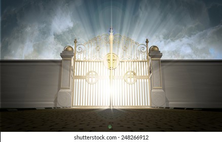 A depiction of the pearly gates of heaven closed with the bright side of heaven contrasting with the duller foreground 