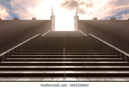 A depiction of the pearly gates of heaven open with the bright side contrasting with the duller foreground and a stairway leading up to it - 3D render