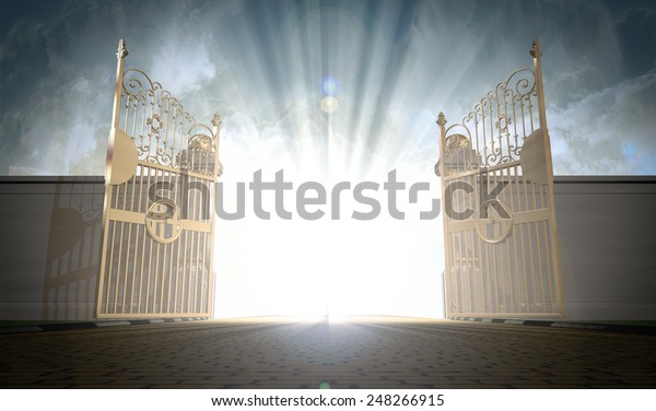 A\
depiction of the pearly gates of heaven open with the bright side\
of heaven contrasting with the duller foreground\
