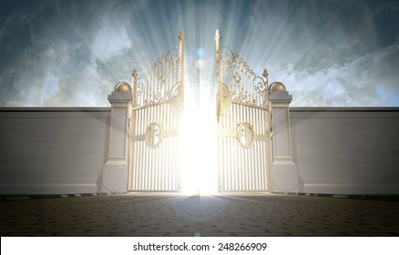 A depiction of the pearly gates of heaven opening with the bright side of heaven contrasting with the duller foreground 