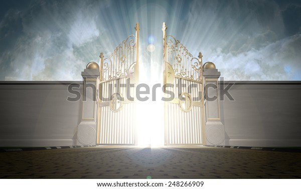 A\
depiction of the pearly gates of heaven opening with the bright\
side of heaven contrasting with the duller foreground\
