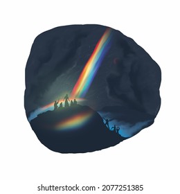 Depiction of the rainbow of the covenant surrounding the remnant people, as described in The Great Controversy, Bible imagery religious illustration