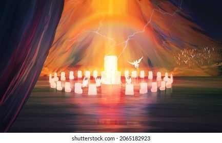 Depiction of Revelation 4 throne room scene, Biblical imagery illustration of throne surrounded by rainbow, 24 elders, and 4 living creatures