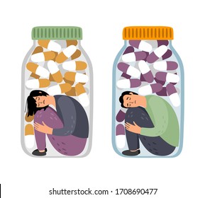 Depresed People With Drugs. Man In Depression And Woman In Opioid Crisis, Pills Addiction Concept Illustration