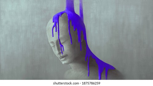 Depressed human, sadness psychology loneliness and emotional concept artwork, lonely people, portrait art, conceptual painting , surreal 3d illustration