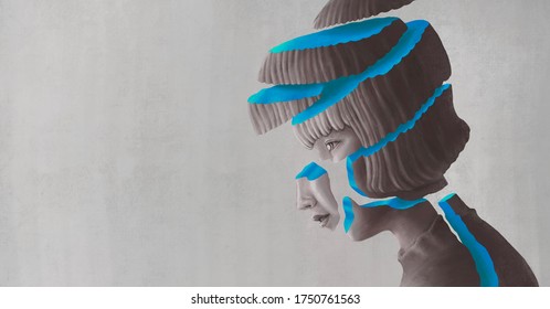 Depressed Idea. Surreal Painting Of Lonely Broken Woman , Emotion Depression Sad Alone And Sorrow Concept. Portrait Artwork, Psychology Illustration