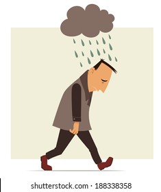 Depressed Man Walking With A Cloud Of Rain Over His Head