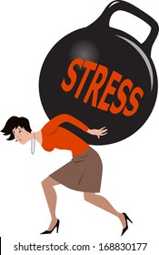 Depressed Woman Carrying A Heavy Load Of Stress In A Form Of A Huge Kettle Bell Weight