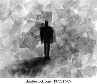 Depression. Abstract art illustration. Black silhouette of a man on a dark abstraction background. Loneliness and anxiety, suffering and pain