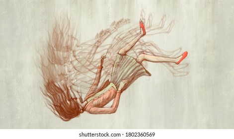 Depression Alone Sad And Loneliness Concept, Surreal Artwork, Drawing Illustration, Falling Scene Of Lonely Woman ,surreal Painting	
