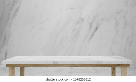 Dept Of Field Perspective Top Marble Table On White Background - Hi Key Style - 3D Rendering.