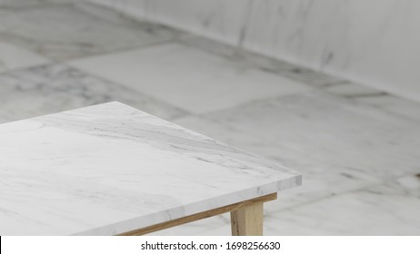 Dept Of Field Perspective Top Marble Table On White Background - Hi Key Style - 3D Rendering.