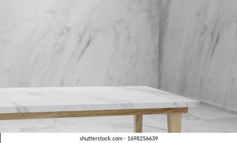 Dept Of Field Perspective Top Marble Table On White Background - Hi Key Style - 3D Rendering.