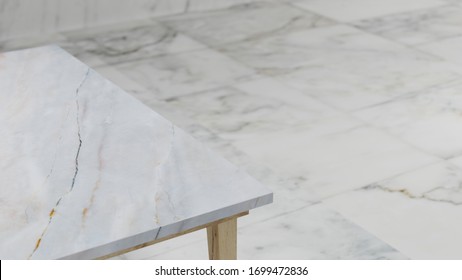 Dept Of Field Perspective Top Marble Table On White Background - Hi Key Style - 3D Rendering.