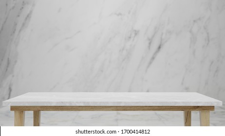 Dept Of Field Perspective Top Marble Table On White Background - Hi Key Style - 3D Rendering.