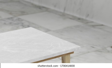 Dept Of Field Perspective Top Marble Table On White Background - Hi Key Style - 3D Rendering.