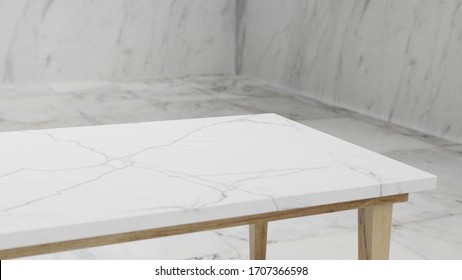 Dept Of Field Perspective Top Marble Table On White Background - Hi Key Style - 3D Rendering.