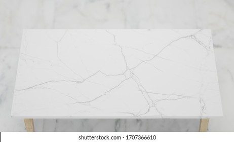 Dept Of Field Perspective Top Marble Table On White Background - Hi Key Style - 3D Rendering.